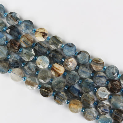 Natural Kyanite, 11mm faceted coin round gemstone, vintage rock stone, hole 1mm, 15.5inches, 30 beads