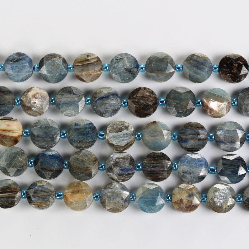 Natural Kyanite, 11mm faceted coin round gemstone, vintage rock stone, hole 1mm, 15.5inches, 30 beads