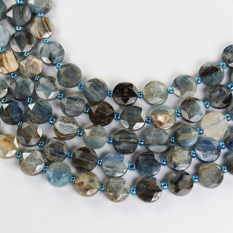 Natural Kyanite, 11mm faceted coin round gemstone, vintage rock stone, hole 1mm, 15.5inches, 30 beads