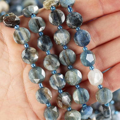 Natural Kyanite, 11mm faceted coin round gemstone, vintage rock stone, hole 1mm, 15.5inches, 30 beads