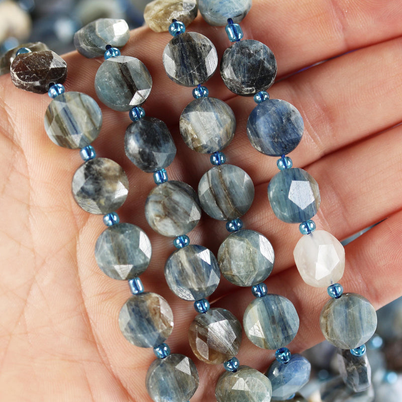 Natural Kyanite, 11mm faceted coin round gemstone, vintage rock stone, hole 1mm, 15.5inches, 30 beads