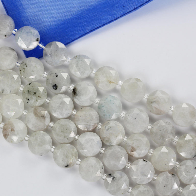 Moonstone with Blue Flash, 12mm faceted coin round gemstone, vintage rock stone, hole 1mm, 15.5inches, 28 beads