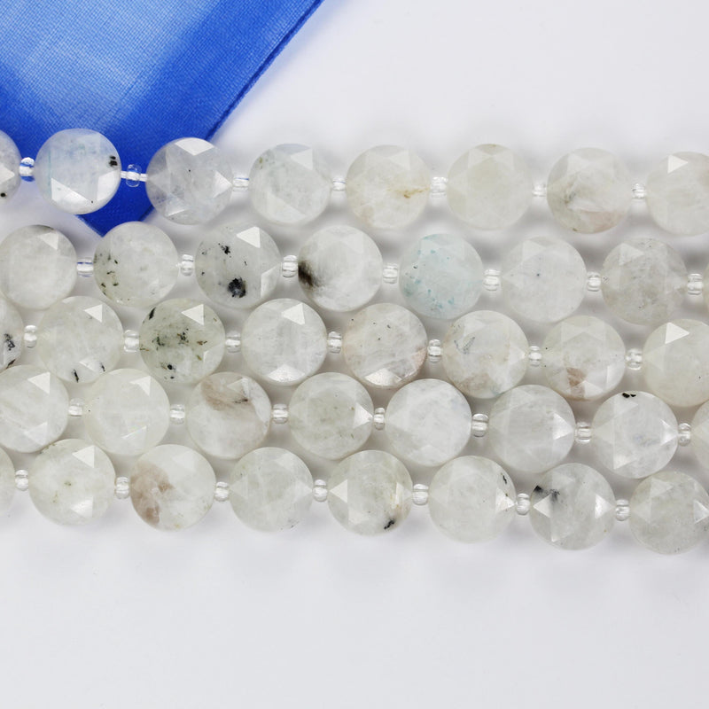 Moonstone with Blue Flash, 12mm faceted coin round gemstone, vintage rock stone, hole 1mm, 15.5inches, 28 beads