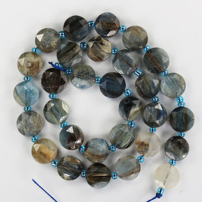 Natural Kyanite, 11mm faceted coin round gemstone, vintage rock stone, hole 1mm, 15.5inches, 30 beads