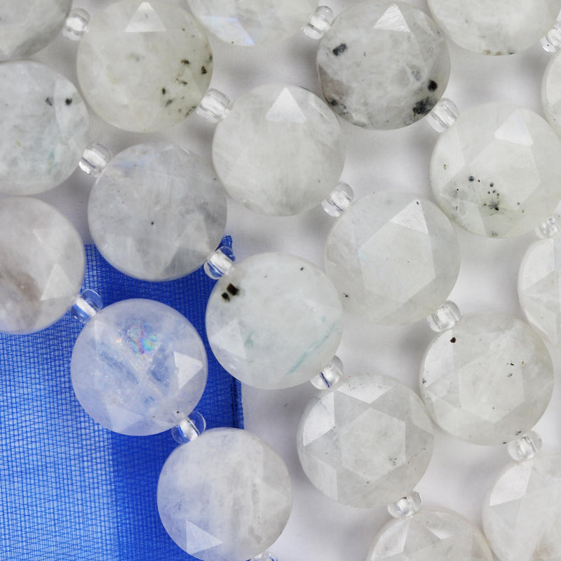 Moonstone with Blue Flash, 12mm faceted coin round gemstone, vintage rock stone, hole 1mm, 15.5inches, 28 beads