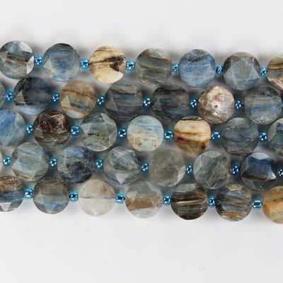 Natural Kyanite, 11mm faceted coin round gemstone, vintage rock stone, hole 1mm, 15.5inches, 30 beads