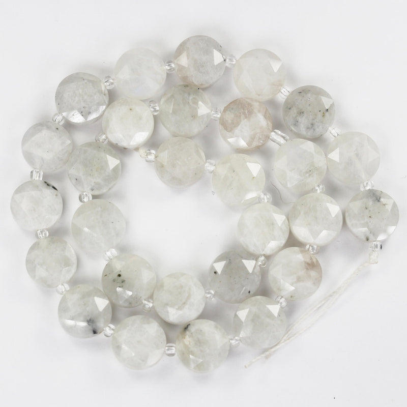 Moonstone with Blue Flash, 12mm faceted coin round gemstone, vintage rock stone, hole 1mm, 15.5inches, 28 beads