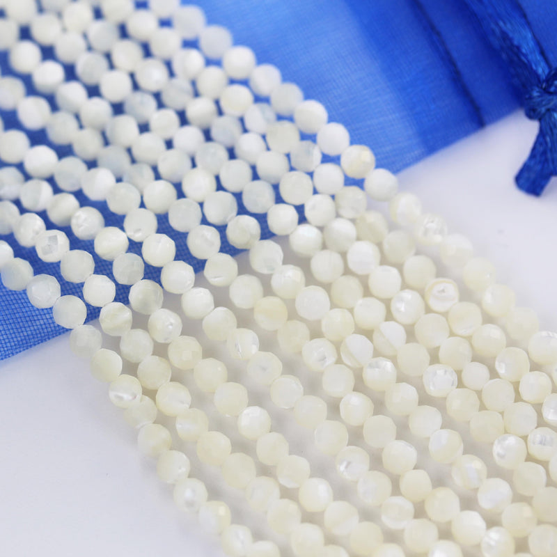 Natural White Shell, 3mm White Faceted Round Bead Strand, 15.5inch, About 120 Beads, 0.6mm Hole