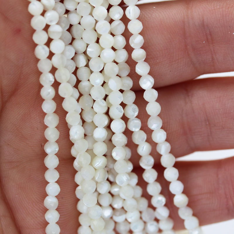 Natural White Shell, 3mm White Faceted Round Bead Strand, 15.5inch, About 120 Beads, 0.6mm Hole