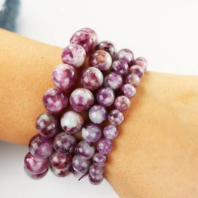 Natural Lepidolite, round purple/white gemstone bracelet, sizes: 7-9mm/9-11mm/11-12mm, hole 1mm