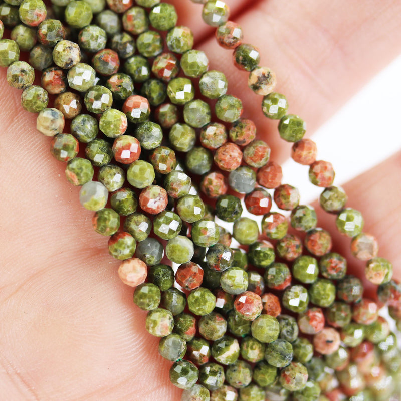 Faceted Unakite, 3mm faceted round beads gemstone strand, one full strand 15.5inch, 0.6mm hole