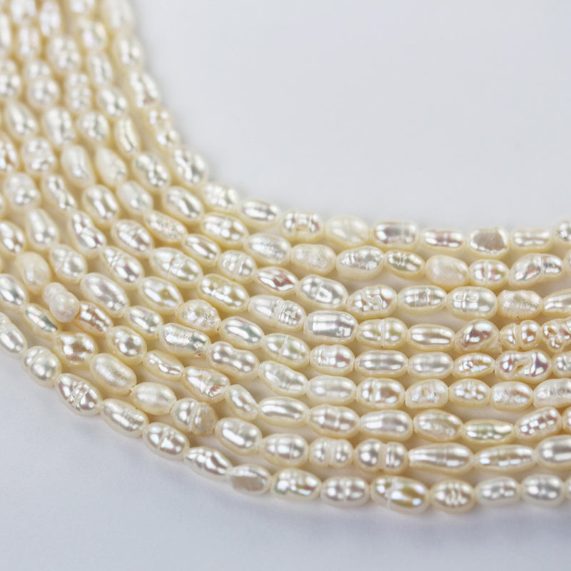 Freshwater pearl strand, white, 3mm*4-5mm potato shape, 14 inches, 0.6mm hole, about 75pcs pearls