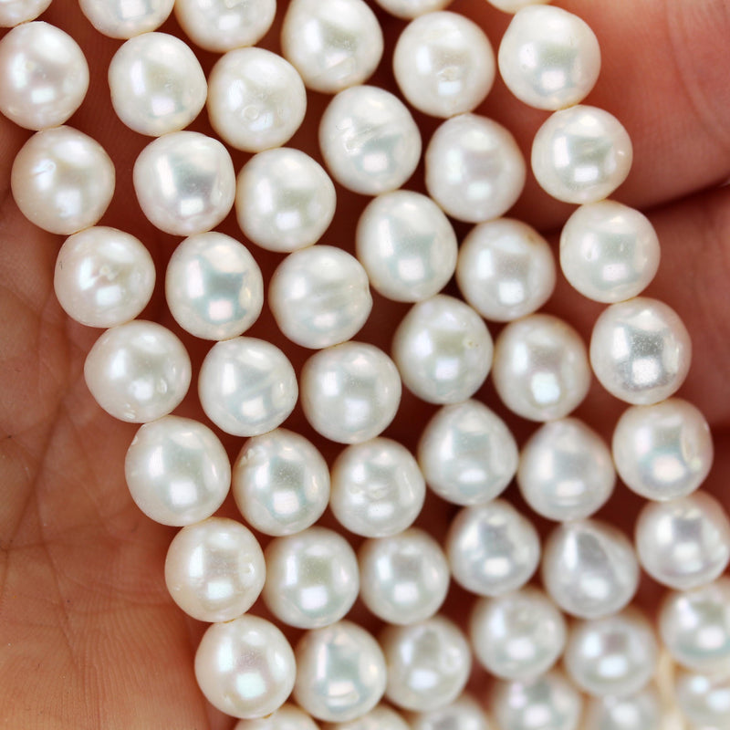 Freshwater pearl strand, white, 6*7mm potato shape, 14.5", 0.8mm hole, about 50pcs pearl