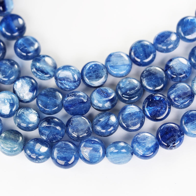 Natural kyanite, 10mm button natural gemstone beads, one full strand, 5mm thick, 16" strand, 1mm hole, around 40 beads