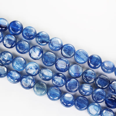 Natural kyanite, 10mm button natural gemstone beads, one full strand, 5mm thick, 16" strand, 1mm hole, around 40 beads