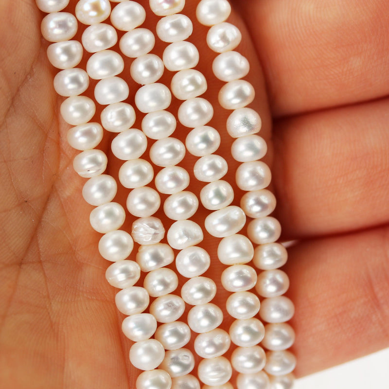 Freshwater pearl strand, white, 4*4.5-5mm potato shape, 14 inches, 0.6mm hole, about 90pcs pearl