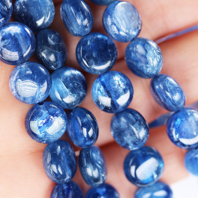 Natural kyanite, 10mm button natural gemstone beads, one full strand, 5mm thick, 16" strand, 1mm hole, around 40 beads