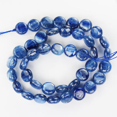 Natural kyanite, 10mm button natural gemstone beads, one full strand, 5mm thick, 16" strand, 1mm hole, around 40 beads