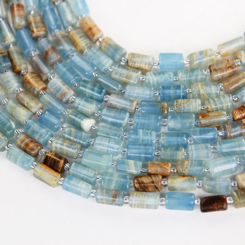 Natural Lemurian Blue Calcite, Tube shape gemstone, one full strand around 30 gemstone beads, 1mm hole