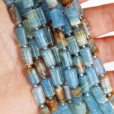 Natural Lemurian Blue Calcite, Tube shape gemstone, one full strand around 30 gemstone beads, 1mm hole