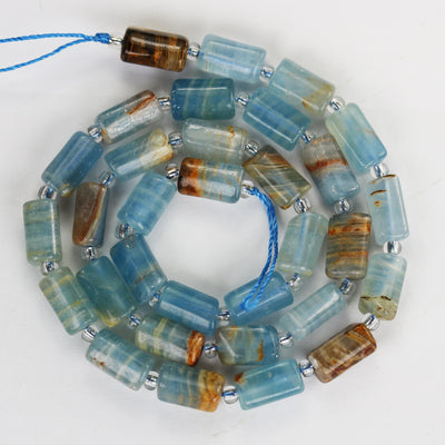 Natural Lemurian Blue Calcite, Tube shape gemstone, one full strand around 30 gemstone beads, 1mm hole