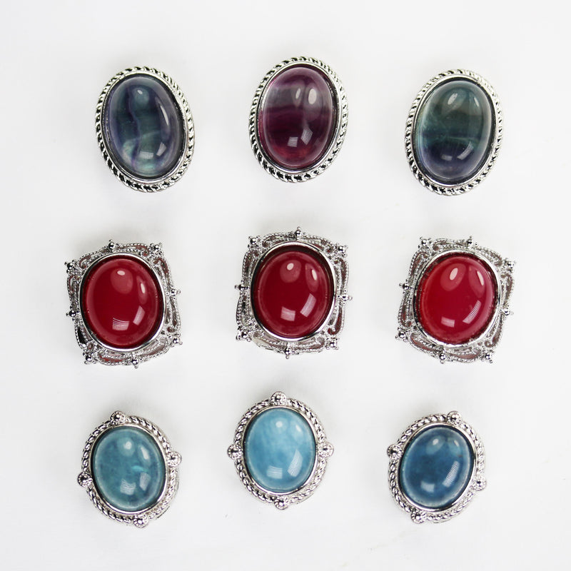 1pc Gemstone Bead Spacer: Aquamarine, Fluorite, Dyed Jade, gemstone cabochon in silver plated frame, double sided hole