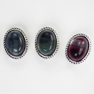 1pc Gemstone Bead Spacer: Aquamarine, Fluorite, Dyed Jade, gemstone cabochon in silver plated frame, double sided hole