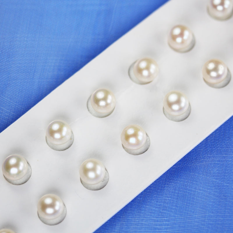 Freshwater pearl, 7-7.5mm 1 pair AAA half drilled white round pearl studs, for making earring/ring, hole 0.6mm