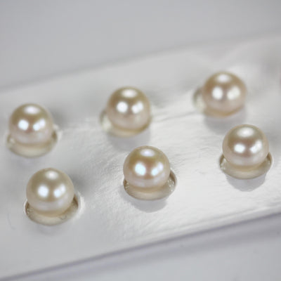 Freshwater pearl, 7-7.5mm 1 pair AAA half drilled white round pearl studs, for making earring/ring, hole 0.6mm