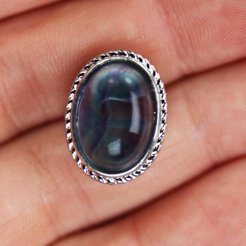 1pc Gemstone Bead Spacer: Aquamarine, Fluorite, Dyed Jade, gemstone cabochon in silver plated frame, double sided hole