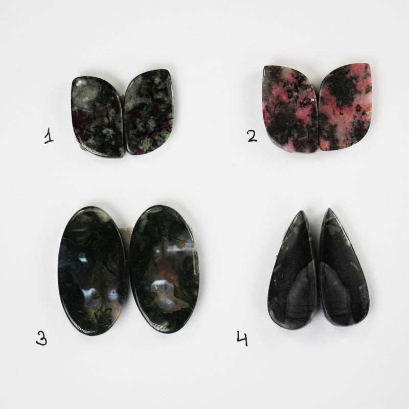 Natural Gemstone Cabochon: Moss Agate, Rhodonite, Jasper, Ruby in Zoisite, Oval/leaf/teardrop shape, 2pcs/1 pair, no hole, flat back