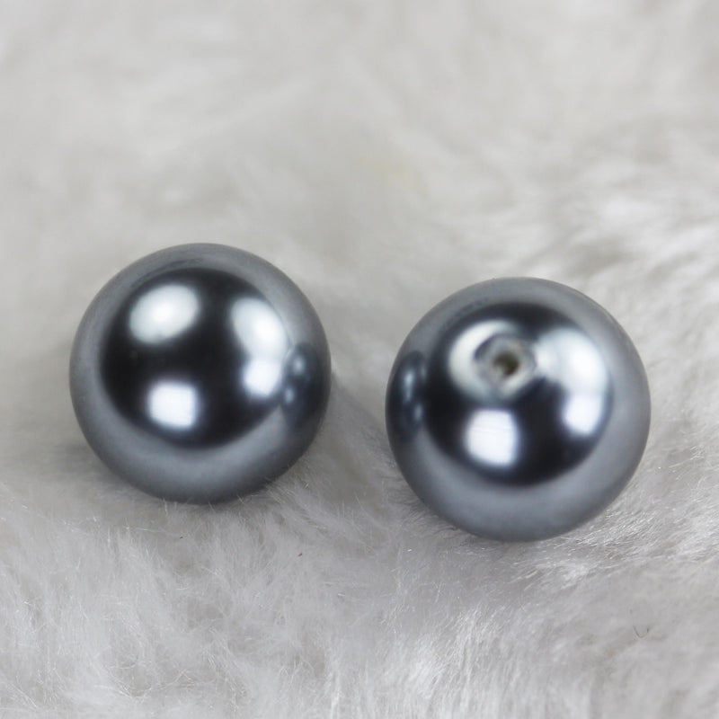 Grey Pearl, 1 pair 12mm Half Drilled Round Pearl, for Making earring/Ring , hole 1mm