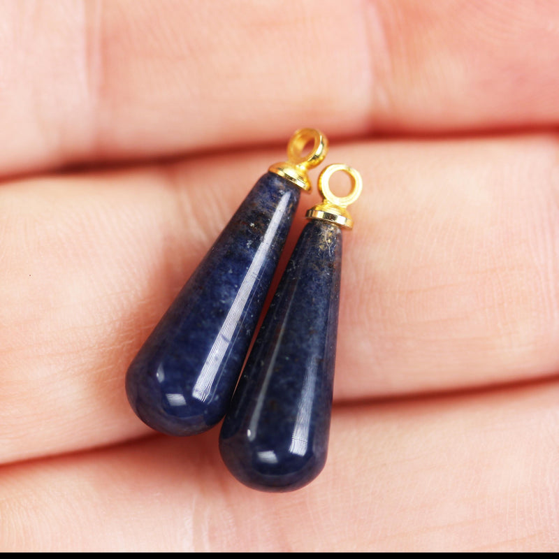 1pcs Natural Teardrop Bead Gemstone: Lapis Lazuli and Sunstone with gold placeted loop, size 20mm x 6.5mm