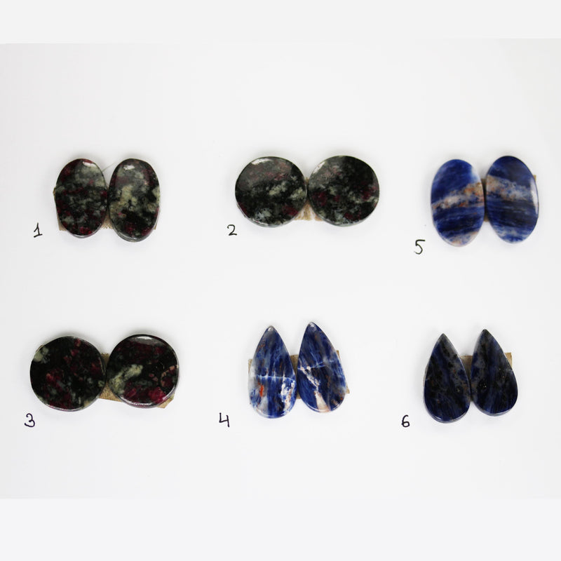 Natural Gemstone Cabochon: Sodalite, Ruby in Zoisite, Oval/round/teardrop shape cabs, 2pcs/1 pair, No hole, flat back