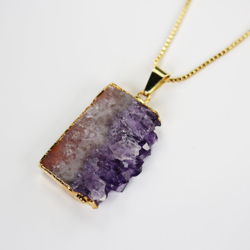 1pc Amethyst pendant gemstone, rectangular sliced amethyst, gold plated with bail, gemstone size 30mm x 23mm, bail 3mm hole