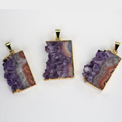 1pc Amethyst pendant gemstone, rectangular sliced amethyst, gold plated with bail, gemstone size 30mm x 23mm, bail 3mm hole