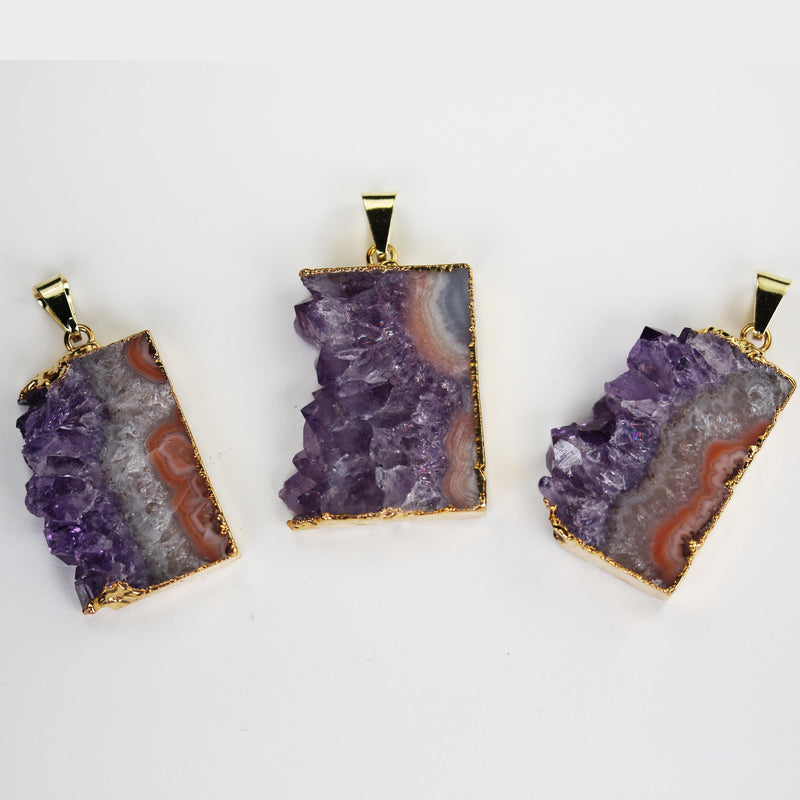 1pc Amethyst pendant gemstone, rectangular sliced amethyst, gold plated with bail, gemstone size 30mm x 23mm, bail 3mm hole