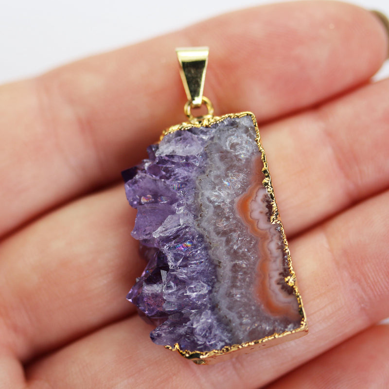 1pc Amethyst pendant gemstone, rectangular sliced amethyst, gold plated with bail, gemstone size 30mm x 23mm, bail 3mm hole