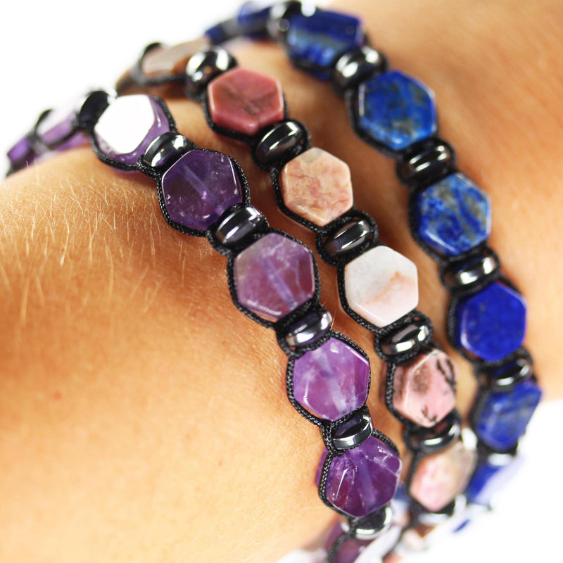 Adjustable Gemstone Bracelet, Haxagon shape beads, 10mm, Tiger Eye, Amethyst, Rhodonite, Lapis Lazuli, African Turquoise, Onyx with Hematite