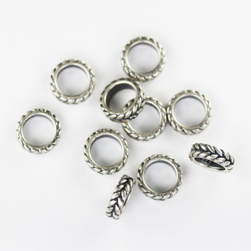 Sterling Silver Beads, Antiqued 9mm Silver Beads, Spacer Beads, 2pcs Big Hole 925 Sterling Silver Jewellery Findings, Spacers 5mm Hole