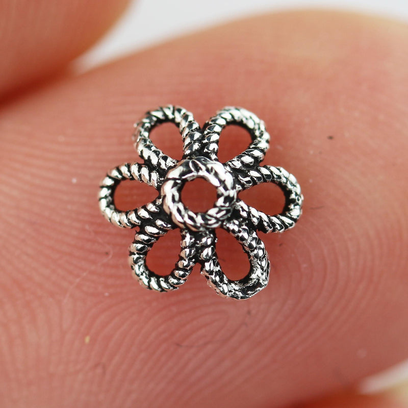 8mm Bead Cap Flower, 10pcs 925 Antiqued Sterling Silver, Oxidized Sterling Silver Jewelry Findings , 2.5mm Height Filigree Cap