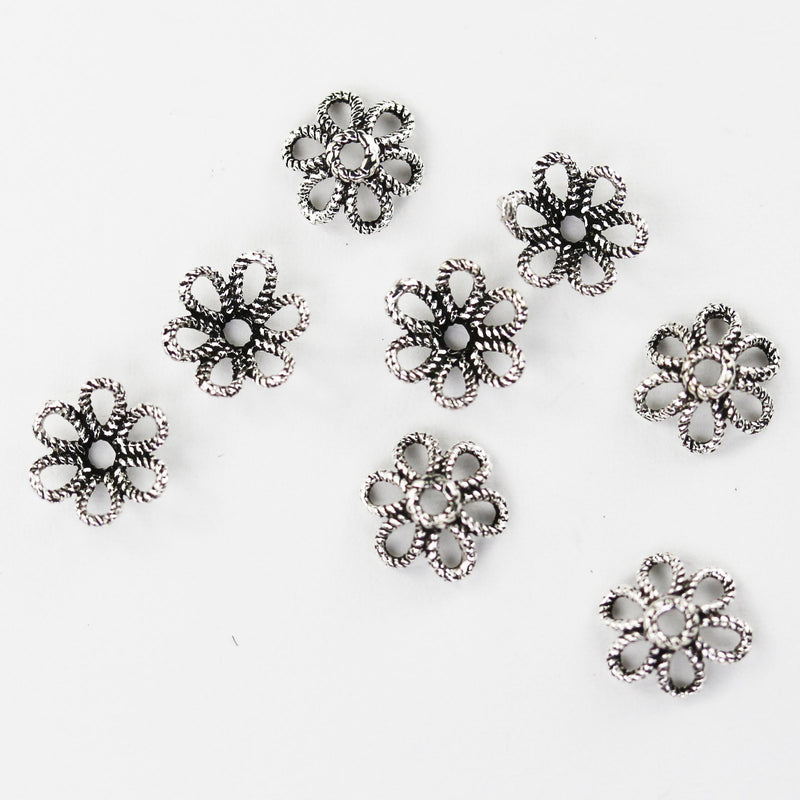 8mm Bead Cap Flower, 10pcs 925 Antiqued Sterling Silver, Oxidized Sterling Silver Jewelry Findings , 2.5mm Height Filigree Cap