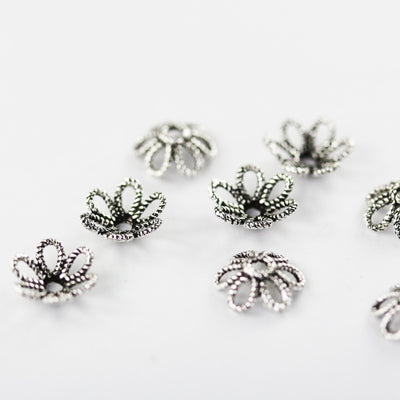 8mm Bead Cap Flower, 10pcs 925 Antiqued Sterling Silver, Oxidized Sterling Silver Jewelry Findings , 2.5mm Height Filigree Cap