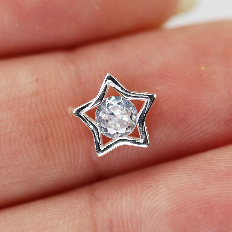 Star Beads 2pcs 925 Sterling Silver Jewellery Findings, Round Clear Cubic Zirconia, 8mm star, 1.5mm Hole