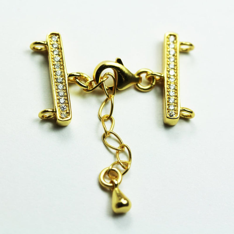 Gold clasp 1pc Gold Vermeil Style w/Cubic zirconia Jewellery findings 2-strand hook-and-eye, Clasp9*5mm,Bar15*3mm