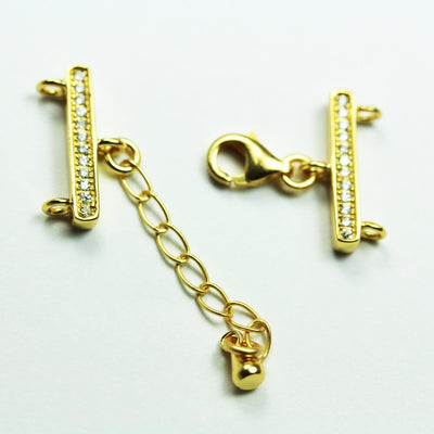 Gold clasp 1pc Gold Vermeil Style w/Cubic zirconia Jewellery findings 2-strand hook-and-eye, Clasp9*5mm,Bar15*3mm