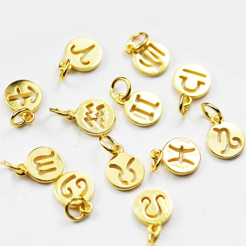 Gold Vermeil Style 1pc Constellation,Zodiac Charm,24K Gold  on 925 Sterling Silver Jewellery findings Charm Beads ,10mm Button charm