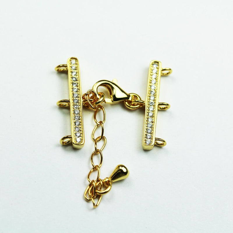 Gold Vermeil Style 1pc Gold on 925 Sterling Silver w/Cubic zirconia Jewellery findings 3-strand hook-and-eye, Clasp9*5mm,Bar18*3mm