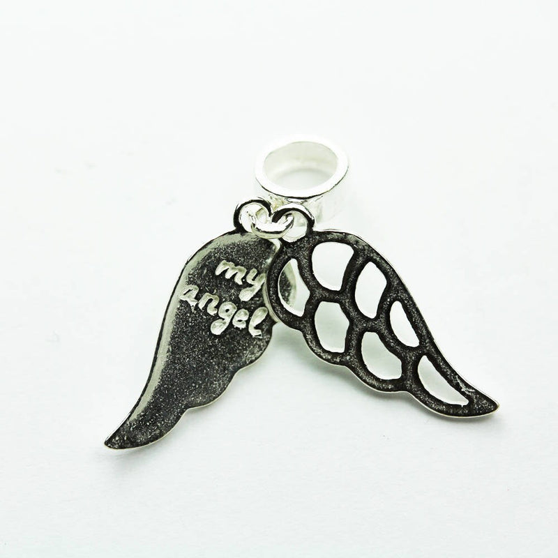 Jewelry charms 1pc 925 Sterling Silver Jewellery findings Charm Beads , Angel wings charm, 19*8mm wings, 7mm big hole closed ring