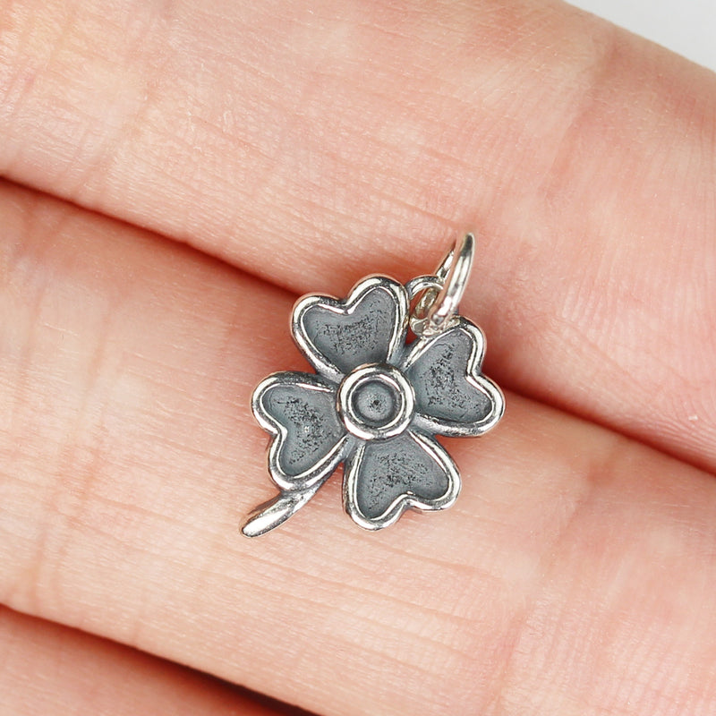 Antique Silver Charm 2pcs 925 Sterling Silver Jewellery Findings Charm Beads , 14*12mm Four leaf clover, 6mm Closed Jump Ring